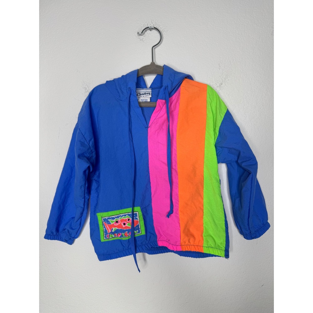 Vintage Carters Kids 2T Windbreaker Jacket Neon Colorblock Tropical Fish USA 90s